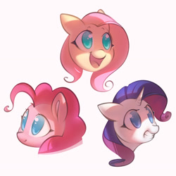 Size: 1302x1302 | Tagged: safe, artist:mirroredsea, character:fluttershy, character:pinkie pie, character:rarity, species:pony, bust, female, head only, mare, no pupils, open mouth, portrait, simple background, trio, white background