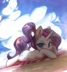 Size: 2001x2170 | Tagged: safe, alternate version, artist:mirroredsea, character:rarity, species:pony, species:unicorn, alternate hairstyle, beach, beach towel, cloud, cute, eyeshadow, female, high res, lidded eyes, looking at you, makeup, mare, no pupils, ponytail, prone, raribetes, solo