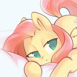 Size: 1602x1602 | Tagged: safe, artist:mirroredsea, character:fluttershy, species:pegasus, species:pony, g4, :<, cute, female, lidded eyes, mare, no pupils, pillow, prone, shyabetes, sleepy, solo