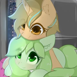 Size: 1000x1000 | Tagged: safe, artist:grithcourage, artist:mirroredsea, oc, oc only, oc:grith courage, species:earth pony, species:pony, species:unicorn, g4, cute, duo, duo female, female, hug, interactive, looking at each other, looking up, mare, trace