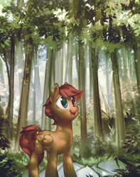 Size: 2111x2682 | Tagged: safe, artist:mirroredsea, oc, oc only, species:pony, g4, commission, forest, heterochromia, scenery, smiling, solo, tree
