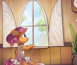 Size: 3552x3008 | Tagged: safe, artist:mirroredsea, character:scootaloo, species:pegasus, species:pony, g4, alternate hairstyle, ballerina, ballet, ballet slippers, clock, clothing, cute, cutealoo, female, filly, high res, looking out the window, ponytail, potted plant, profile, scootarina, sitting, solo, tomboy taming, tutu, window
