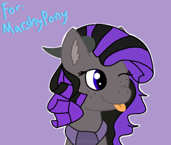 Size: 1024x868 | Tagged: safe, artist:kaifloof, oc, oc only, oc:marshy, species:earth pony, species:pony, g4, blep, bust, clothing, fluffy, freckles, horn, one eye closed, purple background, request, scarf, simple background, tongue out, wink