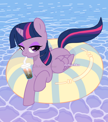 Size: 1800x2040 | Tagged: safe, artist:kaifloof, artist:nebychko, base used, character:twilight sparkle, character:twilight sparkle (alicorn), species:alicorn, species:pony, g4, bedroom eyes, bubble tea, commission, cute, drinking, eyeshadow, female, inner tube, makeup, mare, solo, summer, swimming pool, twiabetes, ych result