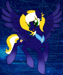 Size: 821x973 | Tagged: safe, artist:kaifloof, base used, oc, oc only, oc:kaihorsbot, species:alicorn, species:pony, g4, abstract background, alicorn oc, circuit board, cyber pony, cyborg, horn, jewelry, regalia, solo, space, wings