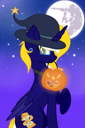 Size: 731x1094 | Tagged: safe, artist:kaifloof, base used, oc, oc:time vortex (kaifloof), species:alicorn, species:pony, g4, android, candy, clothing, cyberlife, food, halloween, hat, holiday, jack-o-lantern, pumpkin, robot, witch hat