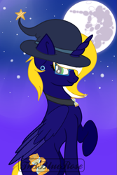 Size: 731x1094 | Tagged: safe, artist:kaifloof, base used, oc, oc:time vortex (kaifloof), species:alicorn, species:pony, g4, alicorn oc, android, clothing, cyberlife, full moon, halloween, hat, holiday, horn, mare in the moon, moon, raised hoof, robot, sitting, wings, witch hat