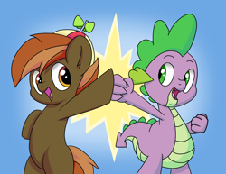 Size: 2200x1700 | Tagged: safe, artist:misterph0enix, character:button mash, character:spike, species:dragon, species:earth pony, species:pony, g4, bipedal, brofist, clothing, colt, cute, duo, hat, hoofbump, male, propeller hat