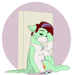 Size: 2341x2400 | Tagged: safe, artist:voltage-art, oc, oc only, oc:ember heartshine, species:pegasus, species:pony, g4, clothing, coronavirus, covid-19, damn corona, doctor, exhausted, face mask, floppy ears, glasses, glasses off, lab coat, lidded eyes, looking down, ppe, scrubs, scrubs (gear), simple background, sitting, solo, spread wings, thousand yard stare, three quarter view, tired, transparent background, wings, wings down