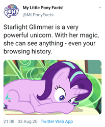 Size: 720x875 | Tagged: safe, screencap, character:starlight glimmer, species:pony, species:unicorn, g4, bench, female, meta, prone, solo, text, twitter, wide eyes
