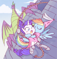 Size: 752x776 | Tagged: safe, artist:raridashdoodles, character:rainbow dash, character:rarity, character:spike, species:dragon, species:pegasus, species:pony, species:unicorn, ship:raridash, g4, castle, cloud, dress, eyes closed, feathered wings, horn, knight, lesbian, male, rope, webbed wings
