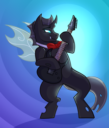 Size: 3500x4093 | Tagged: safe, artist:ambi, oc, oc only, oc:suskii, species:changeling, g4, bipedal, blue background, bow tie, bug wings, clothing, guitar, high res, horn, insect wings, male, musical instrument, simple background, smiling, solo, solo male, tail
