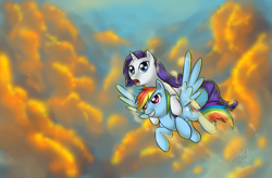 Size: 1600x1050 | Tagged: dead source, safe, artist:melancholysanctuary, character:rainbow dash, character:rarity, species:pegasus, species:pony, species:unicorn, ship:raridash, g4, :o, carrying, cloud, duo, female, flying, grin, lesbian, mare, open mouth, sky