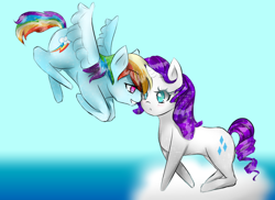 Size: 1100x800 | Tagged: dead source, safe, artist:girlformer, character:rainbow dash, character:rarity, species:pegasus, species:pony, species:unicorn, ship:raridash, g4, blushing, cloud, duo, female, flying, frowning, lesbian, mare, smiling