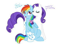 Size: 666x500 | Tagged: dead source, safe, artist:lulubell, character:rainbow dash, character:rarity, species:pegasus, species:pony, species:unicorn, ship:raridash, g4, blushing, duo, female, flirting, kissing, lesbian, makeover, mare, open mouth, socks