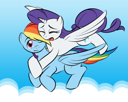 Size: 1000x800 | Tagged: safe, artist:kloudmutt, character:rainbow dash, character:rarity, species:alicorn, species:pegasus, species:pony, ship:raridash, g4, cloud, duo, flying, lesbian, open mouth, scared, smiling