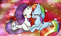 Size: 1000x600 | Tagged: dead source, safe, artist:guardianangelpony, character:rainbow dash, character:rarity, species:pegasus, species:pony, species:unicorn, ship:raridash, g4, blushing, duo, heart, lesbian, nuzzling