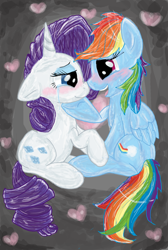 Size: 1120x1664 | Tagged: dead source, safe, artist:thepurplecranberry, character:rainbow dash, character:rarity, species:pegasus, species:pony, species:unicorn, ship:raridash, g4, blushing, chin up buttercup, comforting, crying, duo, heart, smiling