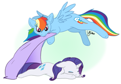 Size: 883x616 | Tagged: safe, artist:selective-yellow, character:rainbow dash, character:rarity, species:pegasus, species:pony, species:unicorn, ship:raridash, g4, blanket, blushing, duo, flying, lesbian, prone, sleeping, tucking in