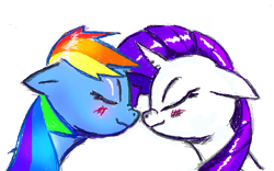 Size: 360x225 | Tagged: artist needed, source needed, safe, character:rainbow dash, character:rarity, species:pegasus, species:pony, species:unicorn, ship:raridash, g4, blushing, boop, duo, lesbian, nuzzling