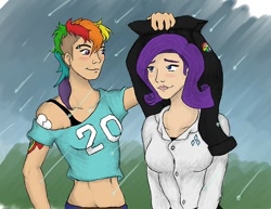 Size: 500x385 | Tagged: dead source, safe, artist:grandmaster-popo, character:rainbow dash, character:rarity, species:human, ship:raridash, g4, belly button, clothing, covering, duo, eyebrow piercing, jacket, lesbian, midriff, rain