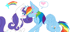 Size: 405x179 | Tagged: dead source, safe, artist:tsukaimonboom, character:rainbow dash, character:rarity, species:pegasus, species:pony, species:unicorn, ship:raridash, g4, blushing, duo, fluffy, heart, lesbian, rainbow, white background