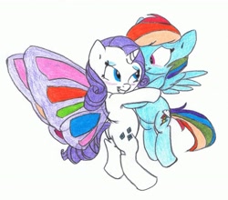 Size: 2241x1974 | Tagged: safe, artist:carnifex, artist:ronmart12, character:rainbow dash, character:rarity, species:pegasus, species:pony, species:unicorn, ship:raridash, g4, artificial wings, blushing, colored, duo, hug, lesbian, smiling, traditional art, white background