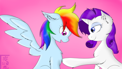 Size: 3000x1699 | Tagged: safe, artist:tomcolt15, character:rainbow dash, character:rarity, species:pegasus, species:pony, species:unicorn, ship:raridash, g4, lesbian, smiling