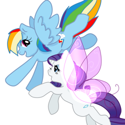 Size: 1000x1000 | Tagged: safe, artist:aruva-chan, character:rainbow dash, character:rarity, species:pegasus, species:pony, species:unicorn, ship:raridash, g4, artificial wings, flying, lesbian