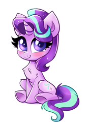 Size: 2120x2990 | Tagged: safe, artist:confetticakez, character:starlight glimmer, species:pony, species:unicorn, g4, blushing, chest fluff, chibi, cute, female, glimmerbetes, shadow, simple background, sitting, solo, underhoof, white background