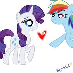 Size: 1000x1000 | Tagged: dead source, safe, artist:mayleebell24, character:rainbow dash, character:rarity, species:pegasus, species:pony, species:unicorn, ship:raridash, g4, heart, lesbian, owo, smiling