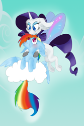 Size: 1280x1920 | Tagged: safe, artist:blackbewhite2k7, character:rainbow dash, character:rarity, species:pegasus, species:pony, species:unicorn, ship:raridash, g4, artificial wings, cloud, fluffy, flying, lesbian, sky