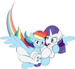 Size: 1280x1166 | Tagged: dead source, safe, artist:kryptchild, character:rainbow dash, character:rarity, species:pegasus, species:pony, species:unicorn, ship:raridash, g4, carrying, commission, flying, lesbian, smiling