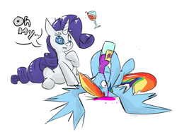 Size: 1300x972 | Tagged: dead source, safe, artist:cider, character:rainbow dash, character:rarity, species:pegasus, species:pony, species:unicorn, ship:raridash, g4, alcohol, drink, drinking, lesbian, messy, sapphire eye rarity, wine