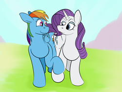 Size: 1280x960 | Tagged: dead source, safe, artist:writtenwaiver, character:rainbow dash, character:rarity, species:pegasus, species:pony, species:unicorn, ship:raridash, g4, butt bump, date, lesbian