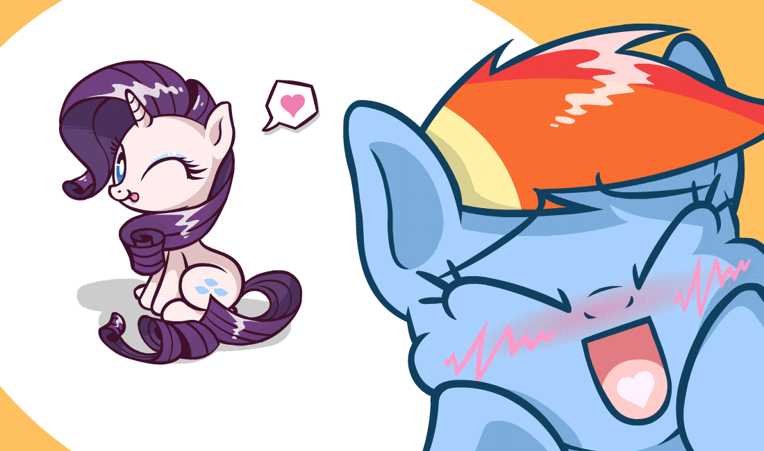 Size: 1100x650 | Tagged: source needed, safe, artist:misterdavey, character:rainbow dash, character:rarity, species:pegasus, species:pony, species:unicorn, ship:raridash, g4, animated, blep, gif, heart, open mouth, pictogram, sitting, smiling, wink