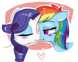 Size: 1000x800 | Tagged: dead source, safe, artist:bloodyhellhayden, character:rainbow dash, character:rarity, species:pegasus, species:pony, species:unicorn, ship:raridash, g4, blushing, heart, imminent kissing, lesbian