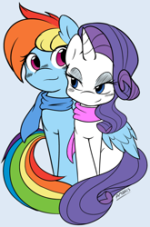 Size: 1920x2907 | Tagged: safe, artist:ambris, character:rainbow dash, character:rarity, species:pegasus, species:pony, species:unicorn, ship:raridash, g4, clothing, colored, lesbian, scarf, winghug