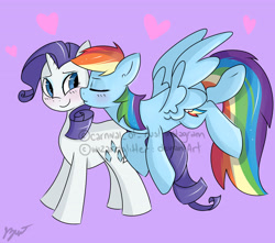 Size: 3986x3521 | Tagged: dead source, safe, artist:bloodyhellhayden, character:rainbow dash, character:rarity, species:pegasus, species:pony, species:unicorn, ship:raridash, g4, blushing, flying, heart, kissing, lesbian, smiling, watermark
