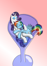 Size: 2484x3496 | Tagged: safe, artist:heartshielder1991, character:rainbow dash, character:rarity, species:pegasus, species:pony, species:unicorn, ship:raridash, g4, cuddling, cup of pony, glass, lesbian, micro, snuggling