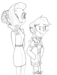 Size: 500x662 | Tagged: dead source, safe, artist:fedorabow, character:rainbow dash, character:rarity, species:human, ship:raridash, g4, blushing, bomber jacket, date, dress, lesbian, lineart, monochrome, nervous, traditional art
