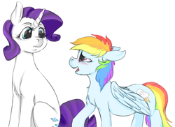 Size: 932x680 | Tagged: dead source, safe, artist:colorlesscupcake, character:rainbow dash, character:rarity, species:pegasus, species:pony, species:unicorn, ship:raridash, g4, blushing, confession, lesbian, shipping