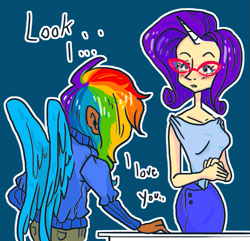 Size: 985x948 | Tagged: safe, artist:stevetwisp, character:rainbow dash, character:rarity, species:human, ship:raridash, g4, blushing, confession, glasses, horned humanization, lesbian, winged humanization