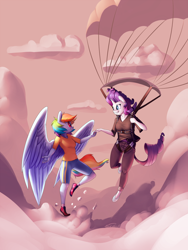 Size: 1050x1400 | Tagged: safe, artist:siden, character:rainbow dash, character:rarity, species:anthro, ship:raridash, g4, clothing, cloud, lesbian, parachute, sky, skydiving