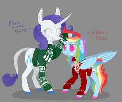 Size: 1280x1063 | Tagged: safe, artist:jellybeanbullet, character:rainbow dash, character:rarity, species:classical unicorn, species:pegasus, species:pony, species:unicorn, ship:raridash, g4, candy colored hooves, christmas, duo, embarrassed, leonine tail, lesbian, messy mane, petting, smiling, sweater