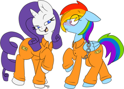 Size: 600x430 | Tagged: dead source, safe, artist:insane-feyaan, character:rainbow dash, character:rarity, species:pegasus, species:pony, species:unicorn, ship:raridash, g4, blushing, chains, lesbian, prison outfit, prisoner, smiling