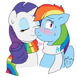 Size: 1000x1000 | Tagged: dead source, safe, artist:stockingstreams, character:rainbow dash, character:rarity, species:pegasus, species:pony, species:unicorn, ship:raridash, g4, blushing, clothing, heart, lesbian, nuzzling, scarf