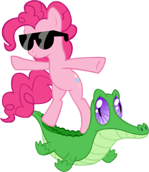 Size: 913x1051 | Tagged: safe, artist:wcctnoam, manebooru original, character:gummy, character:pinkie pie, species:earth pony, species:pony, g4, simple background, sunglasses, surfing, transparent background, vector