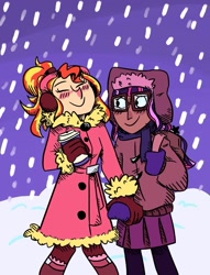 Size: 765x1000 | Tagged: safe, artist:bjarkboof, character:sunset shimmer, character:twilight sparkle, character:twilight sparkle (scitwi), species:eqg human, species:human, ship:scitwishimmer, g4, blushing, coat, coffee, earmuffs, glasses, holding hands, lesbian, snow, winter, winter outfit