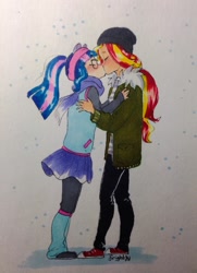 Size: 929x1280 | Tagged: safe, artist:theorderofalisikus, character:sunset shimmer, character:twilight sparkle, character:twilight sparkle (scitwi), species:eqg human, species:human, ship:scitwishimmer, g4, beanie, clothing, coat, converse, hat, kissing, lesbian, pants, skirt, sneakers, snow, snowfall, traditional art, winter